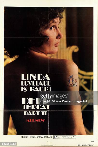 Image contains suggestive content.)Actress Linda Lovelace appears on a poster for the pornographic film 'Deep Throat Part II', written and directed...