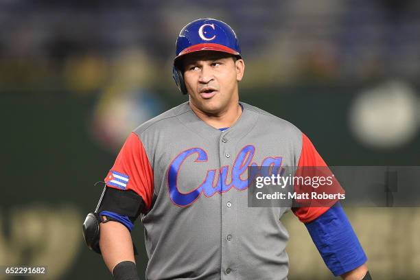 Frederich Cepeda of Cuba reacts after lining out to center in the 1st inning during the World Baseball Classic Pool E Game One between Cuba and...