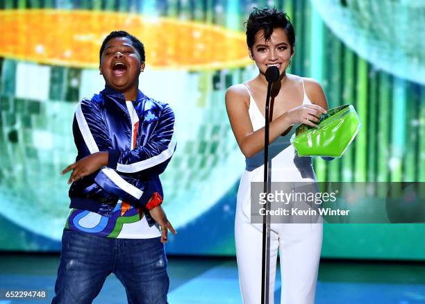 Actors Benjamin Flores Jr. And Isabela Moner speak onstage at Nickelodeon's 2017 Kids' Choice Awards at USC Galen Center on March 11, 2017 in Los...