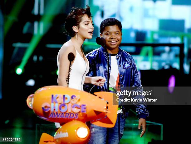 Actors Benjamin Flores Jr. And Isabela Moner speak onstage at Nickelodeon's 2017 Kids' Choice Awards at USC Galen Center on March 11, 2017 in Los...