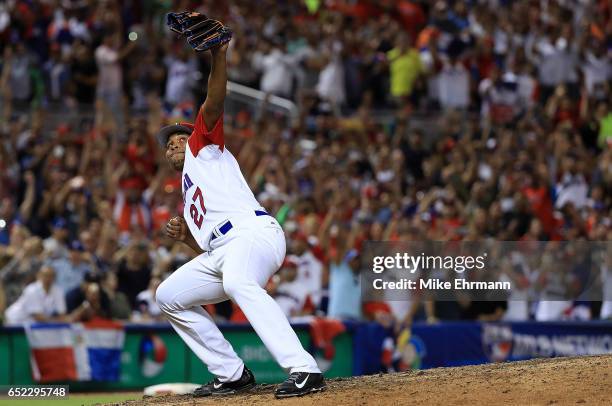 Jeurys Familia of the Dominican Republic celebrates winning a Pool C game of the 2017 World Baseball Classic against the United States at Miami...