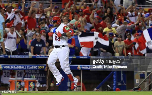 Nelson Cruz of the Dominican Republic is celebrates after hitting a three run home run during the eighth inning of a Pool C game of the 2017 World...