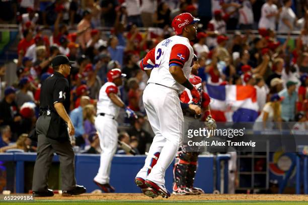 Nelson Cruz of Team Dominican Republic reacts to hitting a three-run home run in the eighth inning during Game 4 Pool C of the 2017 World Baseball...