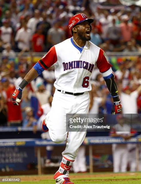 Starling Marte of Team Dominican Republic reacts to hitting a solo home run in the eigth inning during Game 4 Pool C of the 2017 World Baseball...