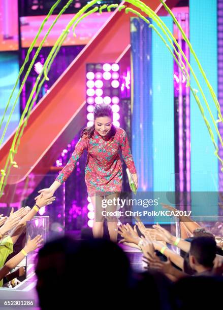 Actor Miranda Cosgrove speaks onstage at Nickelodeon's 2017 Kids' Choice Awards at USC Galen Center on March 11, 2017 in Los Angeles, California.
