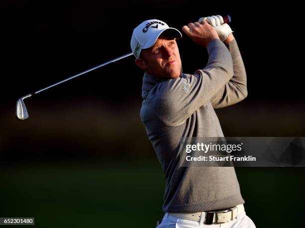 David Horsey of England plays a shot during the continuation of the delayed third round the Hero Indian Open at Dlf Golf and Country Club on March...