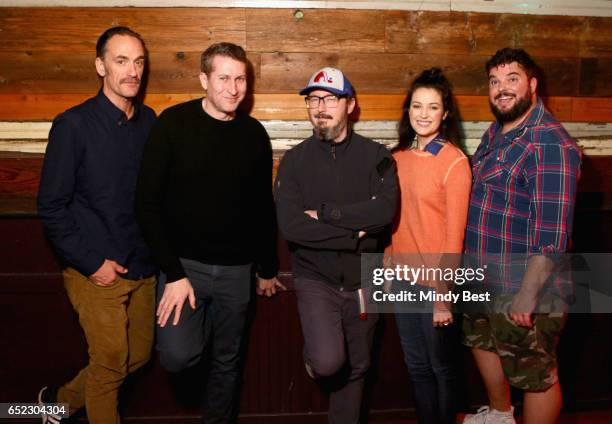 Actors/comedians Seth Morris, Scott Aukerman, John Hodgman, Jessica McKenna and Jon Gabrus pose for a photo at Comedy Bang Bang during 2017 SXSW...