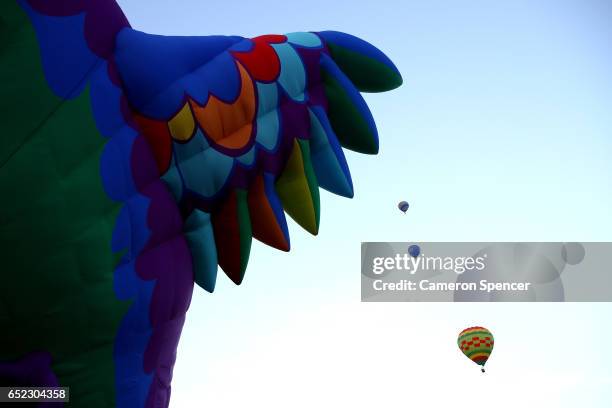 Hot air balloons launch at the 2017 Canberra Balloon Spectacular on March 12, 2017 in Canberra, Australia. The Canberra Balloon Spectacular runs over...