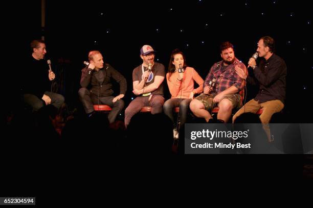 Actors/comedians Scott Aukerman, Bob Odenkirk, John Hodgman, Jessica McKenna, Jon Gabrus and Seth Morris perform onstage at Comedy Bang Bang during...