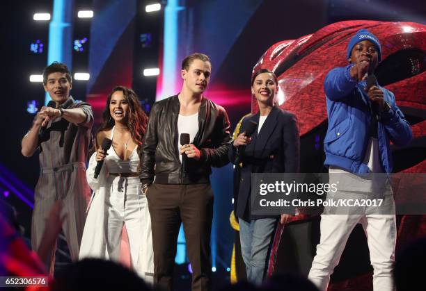 Actors Ludi Lin Becky G., Dacre Montgomery, Naomi Scott and RJ Cyler of 'Power Rangers' speak onstage at Nickelodeon's 2017 Kids' Choice Awards at...