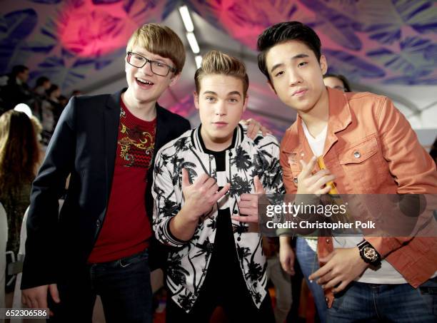 Actors Aidan Miner, Ricardo Hurtado and Lance Lim attend Nickelodeon's 2017 Kids' Choice Awards at USC Galen Center on March 11, 2017 in Los Angeles,...