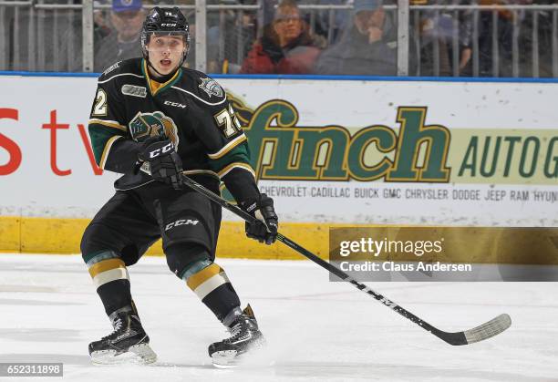 Janne Kuokkanen of the London Knights skates against the Erie Otters during an OHL game at Budweiser Gardens on March 10, 2017 in London, Ontario,...