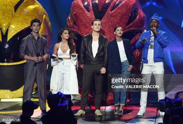 "Power Rangers" actors Ludi Lin, Becky G., Dacre Montgomery, Naomi Scott and RJ Cyler on stage at the 30th Annual Nickelodeon Kids' Choice Awards,...