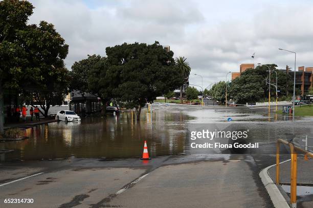 Emergency services respond as Great North Road in New Lynn is closed due to extensive flooding on March 12, 2017 in Auckland, New Zealand. The Tasman...