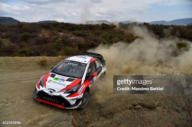 Juho Hanninen of Finland and Kaj Lindstrom of Finland compete in their Toyota Gazoo Racing WRT Toyota Yaris WRC during Day Two of the WRC Mexico on...