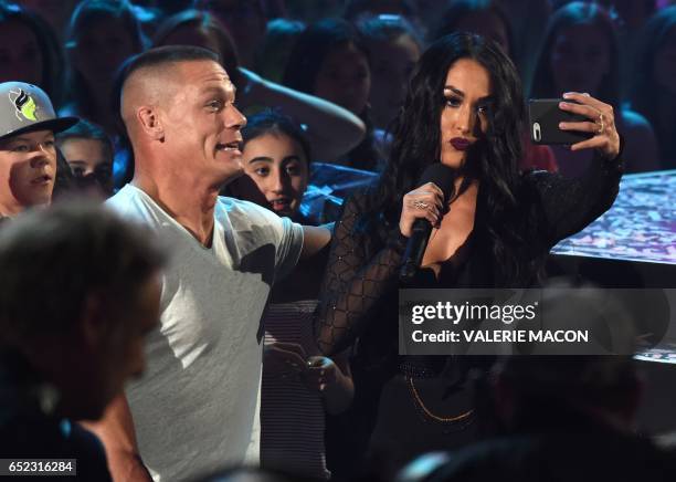 John Cena and Nikki Bella on stage at the 30th Annual Nickelodeon Kids' Choice Awards, March 11 at the Galen Center on the University of Southern...