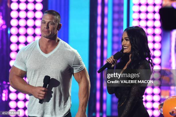 John Cena and Nikki Bella on stage at the 30th Annual Nickelodeon Kids' Choice Awards, March 11 at the Galen Center on the University of Southern...