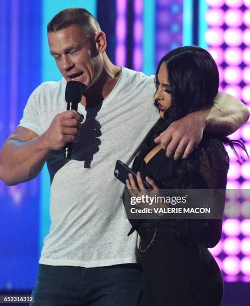 John Cena and Nikki Bella on stage at the 30th Annual Nickelodeon Kids' Choice Awards, March 11 at the Galen Center on the University of Southern...