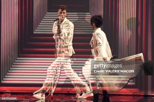 Recording artists Camila Cabello and Machine Gun Kelly on stage at the 30th Annual Nickelodeon Kids' Choice Awards, March 11 at the Galen Center on...
