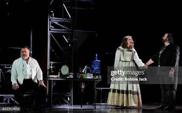 Bryn Terfel as Hans Sachs, Rachel Willis-Sorensen as Eva and Gwyn Hughes Jones as Walther Von Stolzing in the Royal Opera's production of Richard...