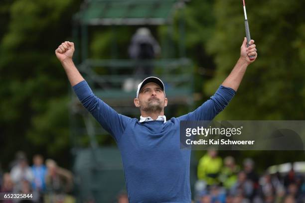 Michael Hendry of New Zealand celebrates his win during day four of the New Zealand Open at Millbrook Resort on March 12, 2017 in Queenstown, New...