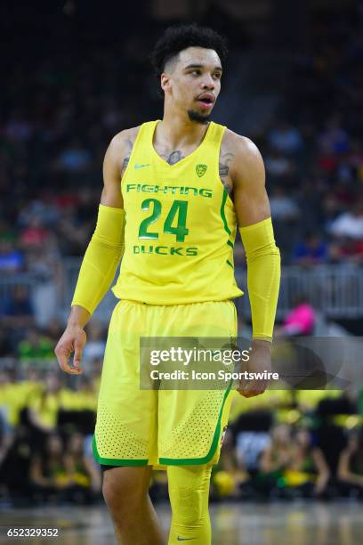 Oregon forward Dillon Brooks looks on during the semifinal game of the Pac-12 Tournament between the Oregon Ducks and the California Bears on March...