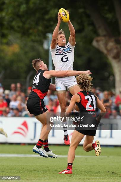 Rhys Stanley of the Cats takes a mark during the JLT Community Series AFL match between the Geelong Cats and the Essendon Bombers at Queen Elizabeth...