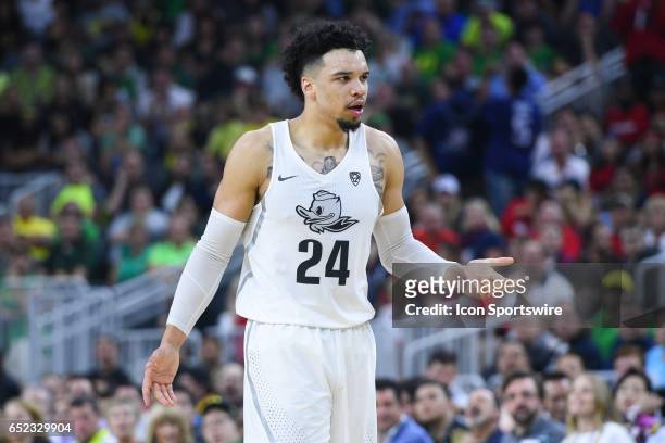 Oregon forward Dillon Brooks reacts to a call during the championship game of the Pac-12 Tournament between the Oregon Ducks and the Arizona Wildcats...