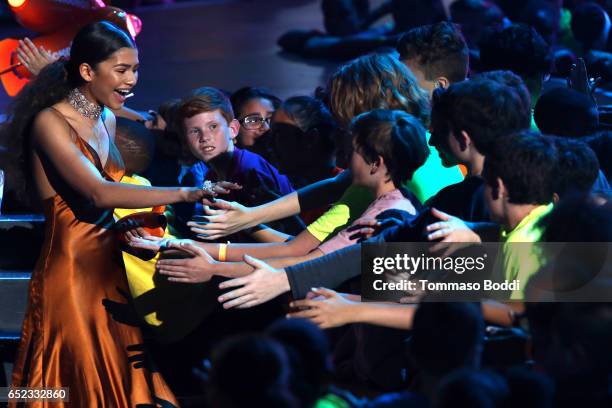 Actress Zendaya accepts Favorite TV Actress for 'K.C. Undercover' onstage at the Nickelodeon's 2017 Kids' Choice Awards at USC Galen Center on March...