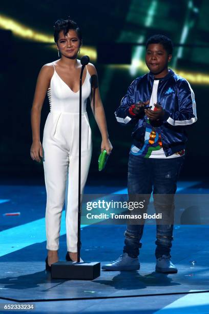 Benjamin Flores Jr. And Isabela Moner onstage at the Nickelodeon's 2017 Kids' Choice Awards at USC Galen Center on March 11, 2017 in Los Angeles,...