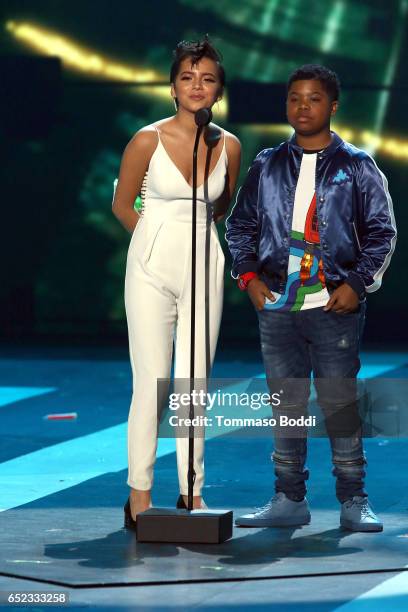 Benjamin Flores Jr. And Isabela Moner onstage at the Nickelodeon's 2017 Kids' Choice Awards at USC Galen Center on March 11, 2017 in Los Angeles,...