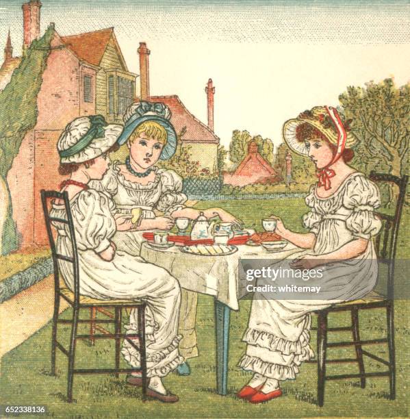 stockillustraties, clipart, cartoons en iconen met drie jonge regency stijl dames nemen van thee in een tuin - afternoon tea