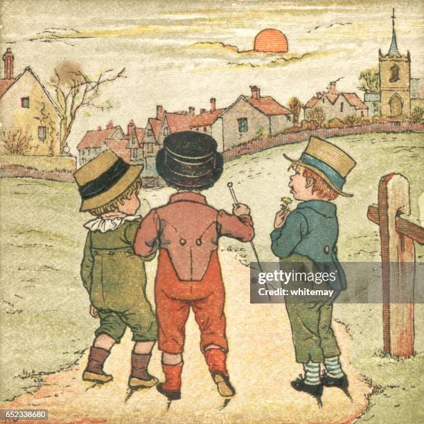 three little boys walking on a footpath in autumn sunset - sunset road stock illustrations