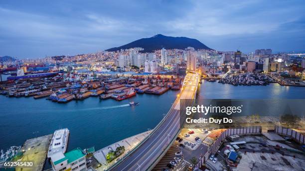 skyline of busan metropolitan city with high view, in the blue hour - busan fotografías e imágenes de stock