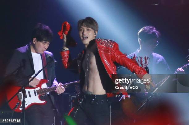 South Korean singer Kim Jae-joong performs onstage during his concert on March 11, 2017 in Hong Kong, China.