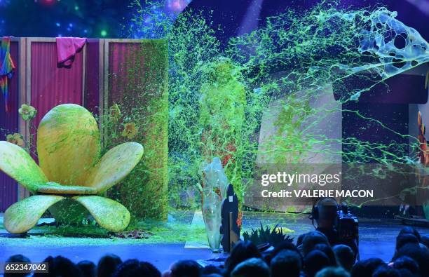 Singer Demi Lovato gets slimed on stage at the 30th Annual Nickelodeon Kids' Choice Awards, on March 11 at the Galen Center on the University of...