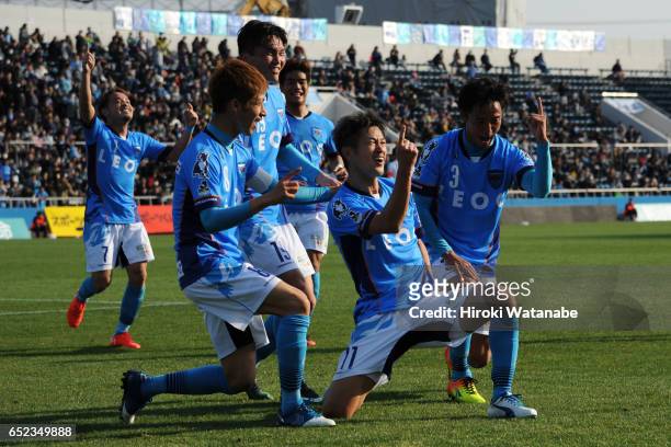 Kazuyoshi Miura of Yokohama FC celebrates scoring his team's first goal during the J.League J2 match between Yokohama FC and Thespa Kusatsu Gunma at...