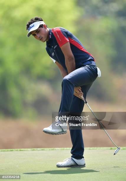 Carlos Pigem of Spain reacts to a putt during the final round the Hero Indian Open at Dlf Golf and Country Club on March 12, 2017 in New Delhi, India.