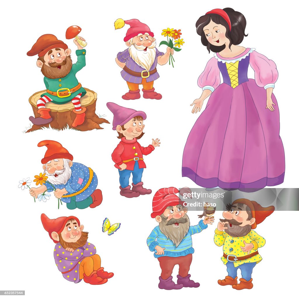 Snow White And The Seven Dwarfs Fairy Tale Illustration For Children  Coloring Page Cute And Funny Cartoon Characters High-Res Vector Graphic -  Getty Images