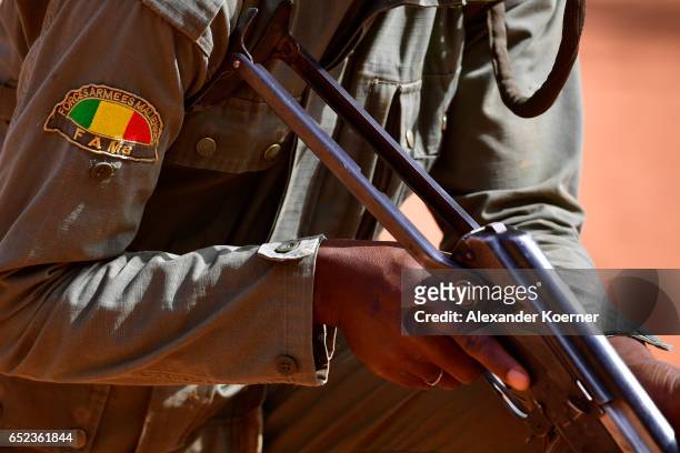 Soldier of the Malian Armed Forces watches during a tactical training session at a training base on March 09, 2017 in Koulikoro, Mali. The training...