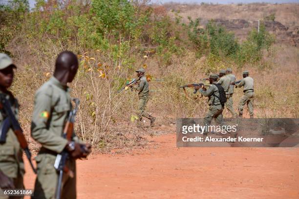 Soldiers of the Malian Armed Forces march during a tactical training session at a training base on March 09, 2017 in Koulikoro, Mali. The training is...