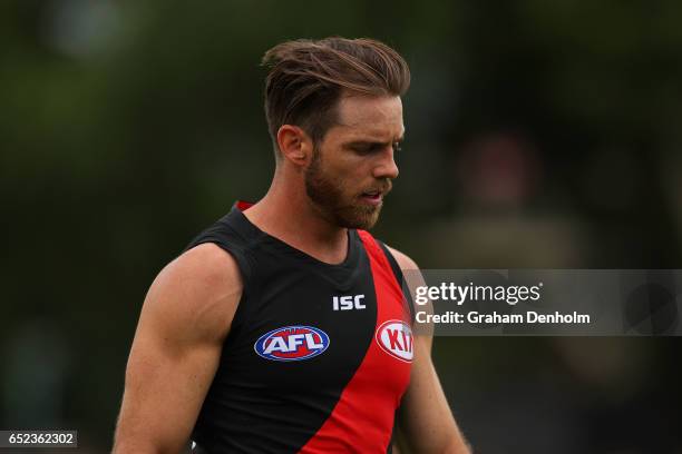 Travis Colyer of the Bombers looks dejected following the JLT Community Series AFL match between the Geelong Cats and the Essendon Bombers at Queen...