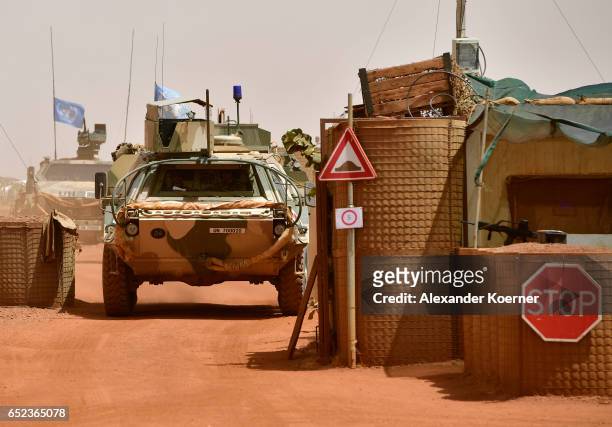 Medical tank of the Bundeswehr, the German armed forces, enters Camp Castor after returning from a trainings mission on March 6, 2017 in Gao, Mali...