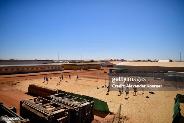 Soldiers of the Bundeswehr, the German armed forces, play volleyball as part as recreation at Camp Castor as part of the U.N.-led MINUSMA enforcement...