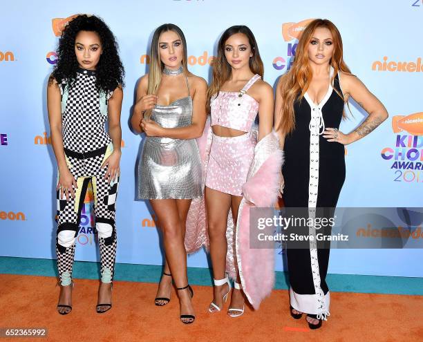 Singers Leigh-Anne Pinnock, Perrie Edwards, Jesy Nelson and Jade Thirlwall of Little Mix arrives at the Nickelodeon's 2017 Kids' Choice Awards at USC...