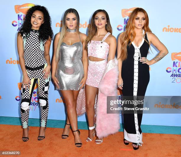 Singers Leigh-Anne Pinnock, Perrie Edwards, Jesy Nelson and Jade Thirlwall of Little Mix arrives at the Nickelodeon's 2017 Kids' Choice Awards at USC...