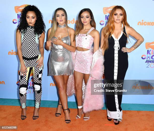 Singers Leigh-Anne Pinnock, Perrie Edwards, Jesy Nelson and Jade Thirlwall of Little Mix arrives at the Nickelodeon's 2017 Kids' Choice Awards at USC...