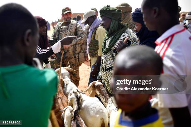Local farmers talk to soldiers of the Bundeswehr, the German Armed Forces, during a weekly cattle market on the outskirts of Gao on March 7, 2017 in...