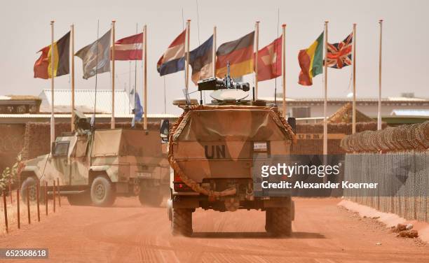 Dingo tank of the Bundeswehr, the German armed forces, enters Camp Castor after returning from a trainings mission on March 6, 2017 in Gao, Mali...