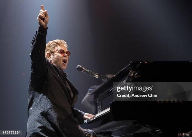 Elton John performs on stage at Save On Foods Memorial Centre on March 11, 2017 in Victoria, Canada.